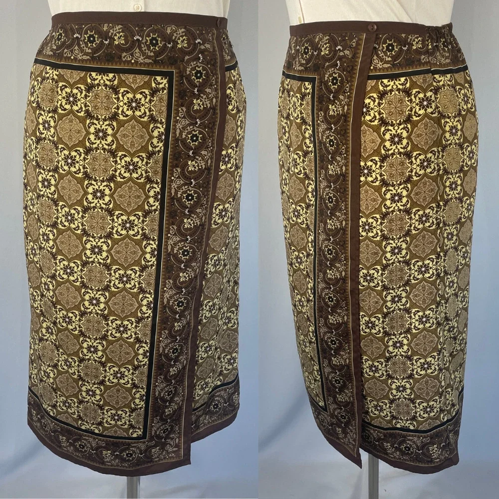 Y2K Midi Skirt Size 14 Brown Medallion Scarf Print Faux Wrap Column Boho Vtg 90s